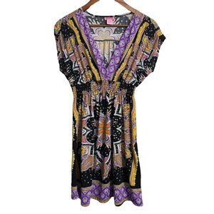 She's Cool Womens Black Purple Y2K  Paisley Smocked Vneck Mini Dress Medium